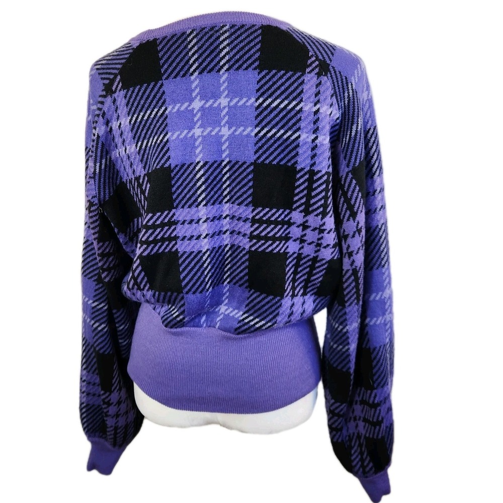 Sanrio Kuromi Womens Knit Plaid Sweater Sz Large Purple Black Bishop Sleeve Top - Picture 4 of 16